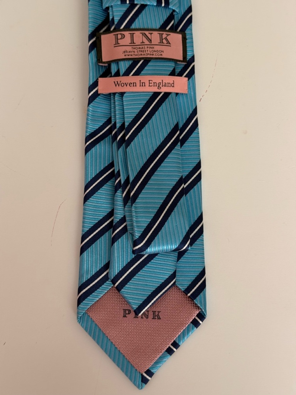 Thomas Pink Turquoise & Navy Striped Silk Tie - Picture 4 of 4